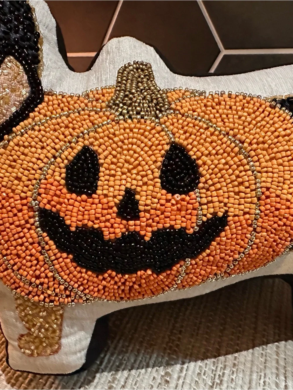 Hand-Beaded Pumpkin Dog Pillow - Orange and Black Holiday Accent